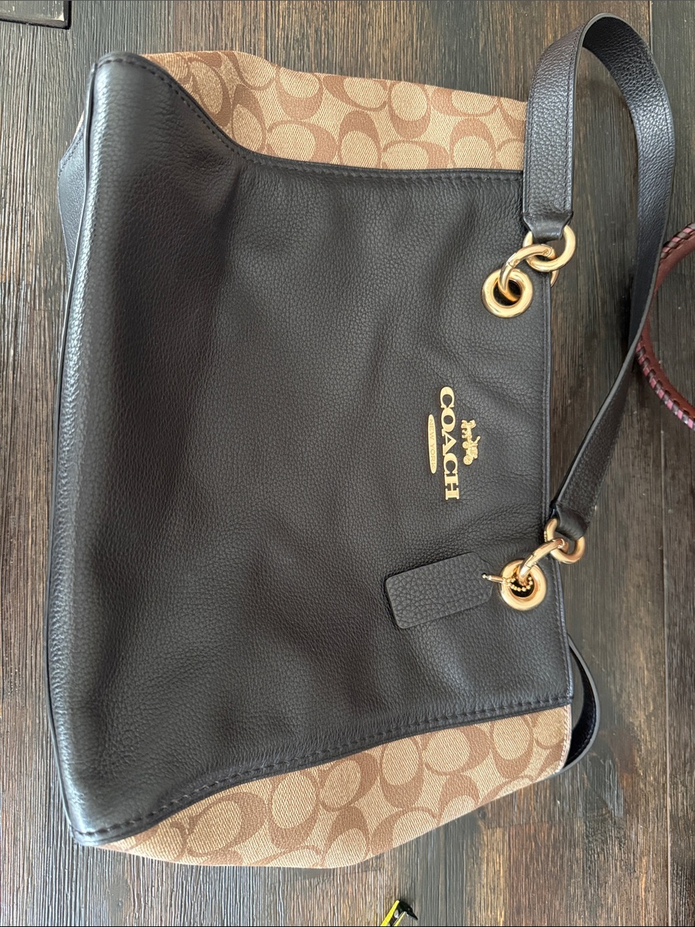 Coach Black Pebble Leather & Brown Signature Canvas Jes Tote